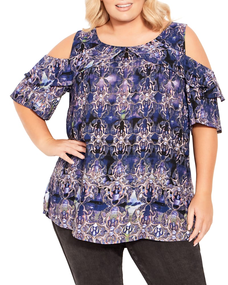 Front of a model wearing a size 16 Katie Frill Cold Shoulder Top in Moody Moment Border by avenue. | dia_product_style_image_id:293861